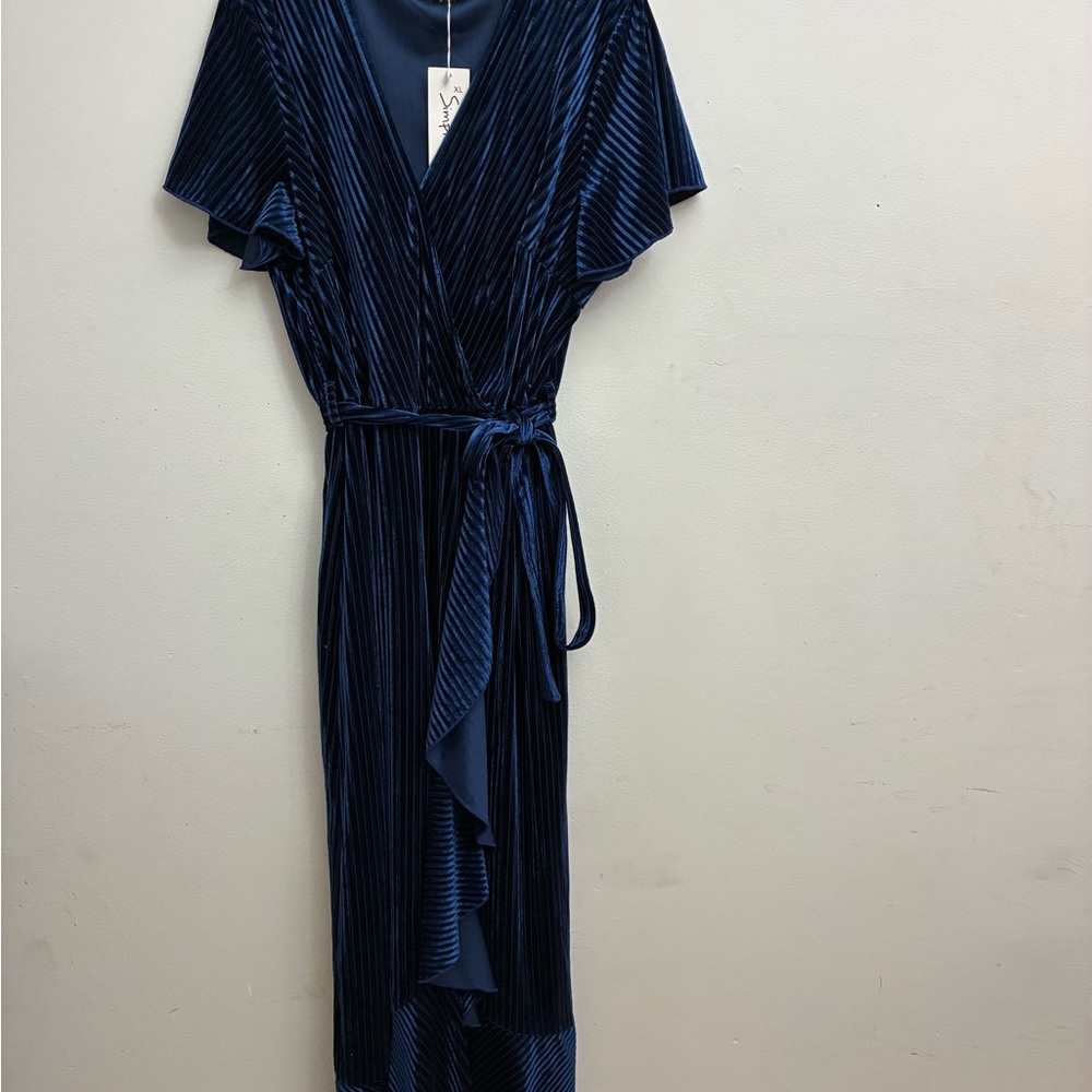 Navy Blue Velvet Flutter Sleeve Wrap Dress